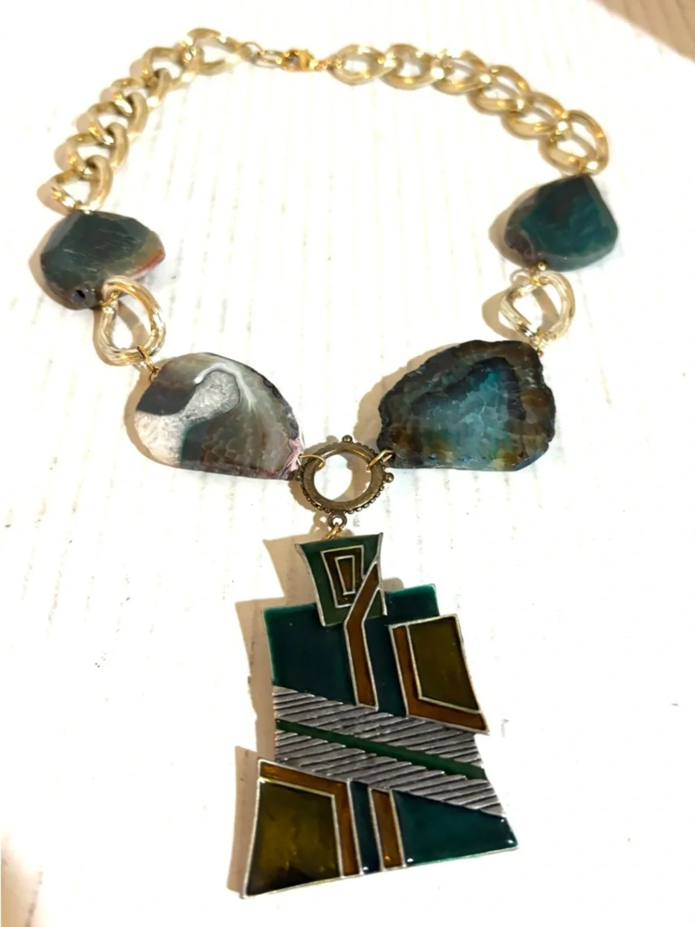 Gold-Tone Necklace with Teal Agate Stones and Geometric Green Pendant